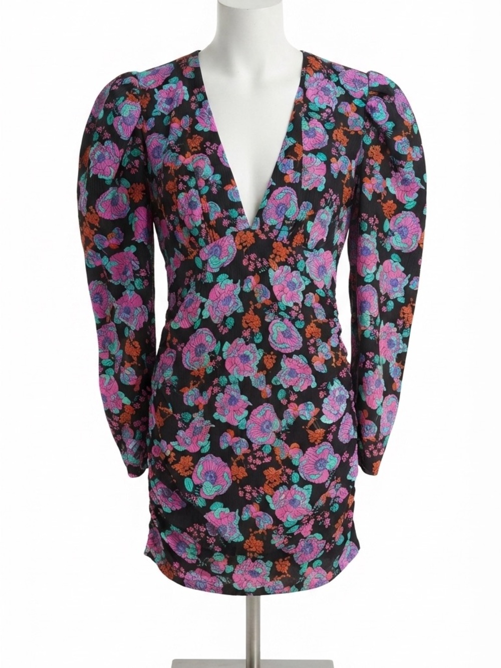 Zara Floral V-Neck Mini Dress - Black with Pink & Turquoise Flowers size S